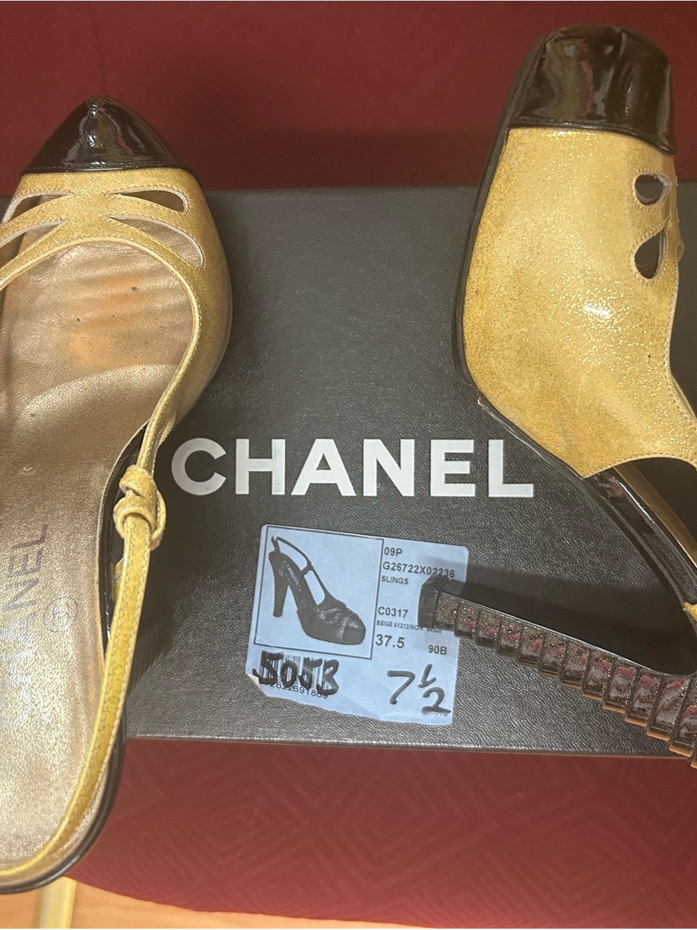 CHANEL Gold/Bronze and Black Peep-Toe Slingback Heels